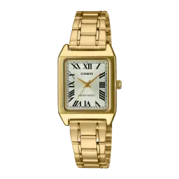 Casio LTP-V007G-9BUDF Acier inoxydable Montre femme 22mm, vue de face: boîtier rectangulaire doré, cadran argenté