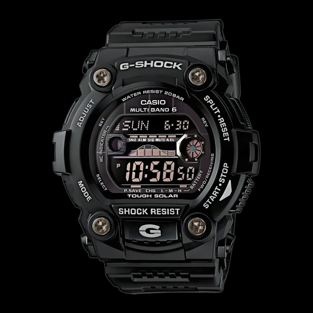 Casio G-Shock GW-7900B-1ER 20ATM Solaire Synchronisation Radio, vue de face: cadran digital noir avec écran LCD, bracelet