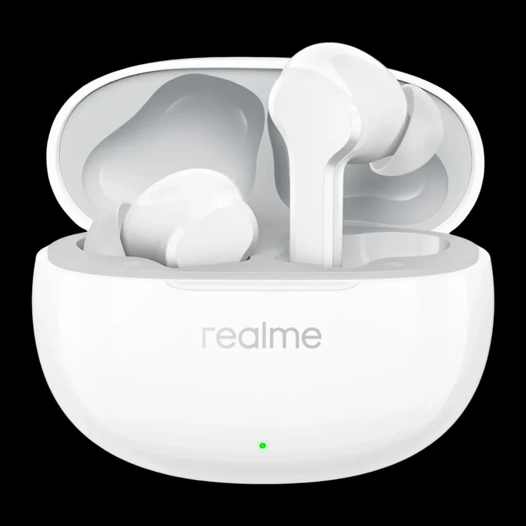 Auriculares Realme Buds T110 In-Ear TWS Bluetooth 5.4 38h con estuche IPX5, vista frontal: estuche abierto blanco con ambos