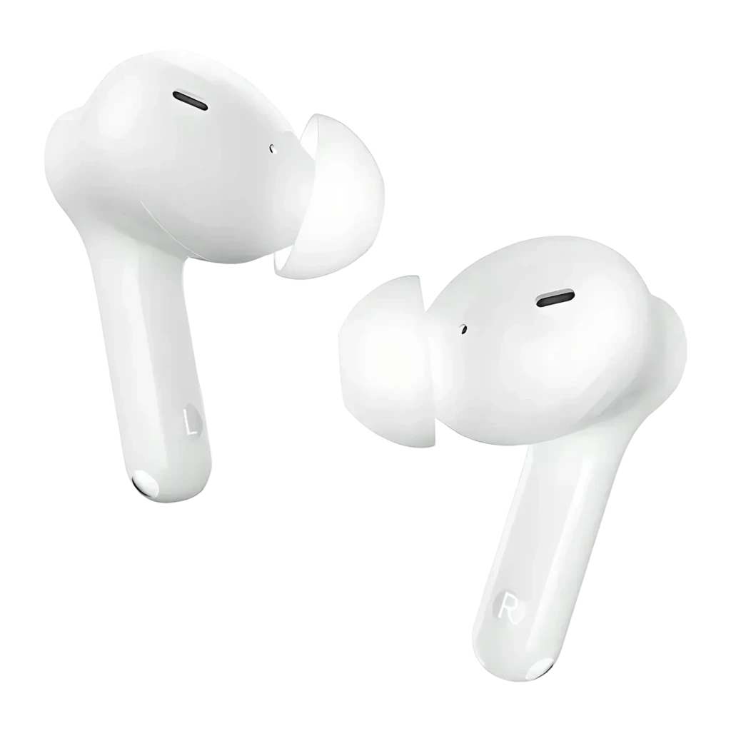 Auriculares Realme Buds T110 In-Ear TWS Bluetooth 5.4 38h con estuche IPX5, detalle: auriculares izquierdo y derecho blancos