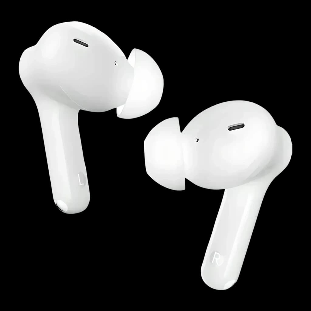 Auriculares Realme Buds T110 In-Ear TWS Bluetooth 5.4 38h con estuche IPX5, detalle: auriculares izquierdo y derecho blancos