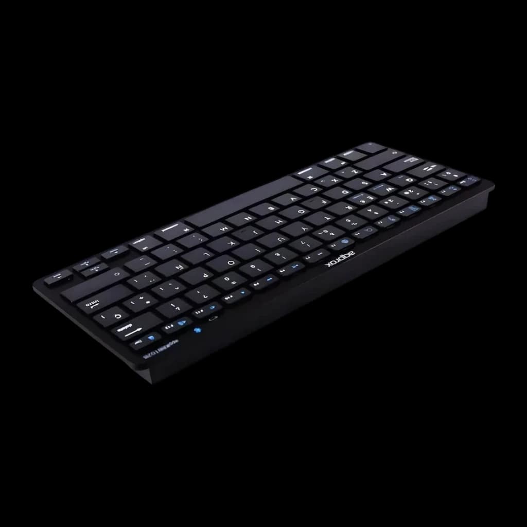 Teclado Approx Negro Bluetooth Español APPMX300BTB, vista en perspectiva: teclas con caracteres azules y logo approx