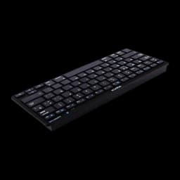 Teclado Approx Negro Bluetooth Español APPMX300BTB, vista en perspectiva: teclas con caracteres azules y logo approx