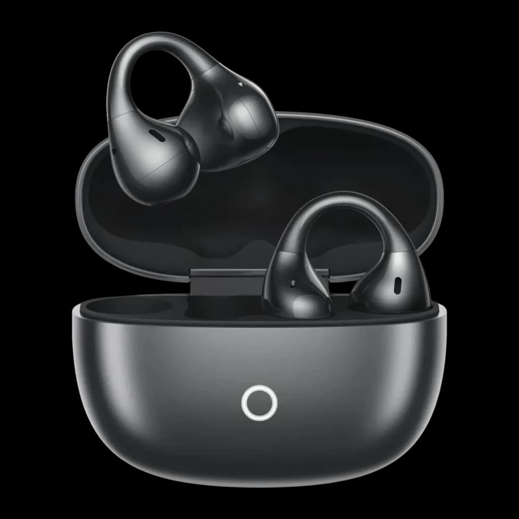 Auriculares Realme Buds Clip Open-Ear Bluetooth Inalámbrico, vista frontal: estuche abierto negro con dos auriculares