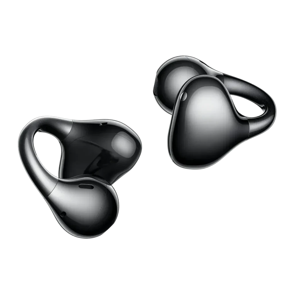 Auriculares Realme Buds Clip Open-Ear Bluetooth Inalámbrico, vista en perspectiva: dos auriculares negros con clip
