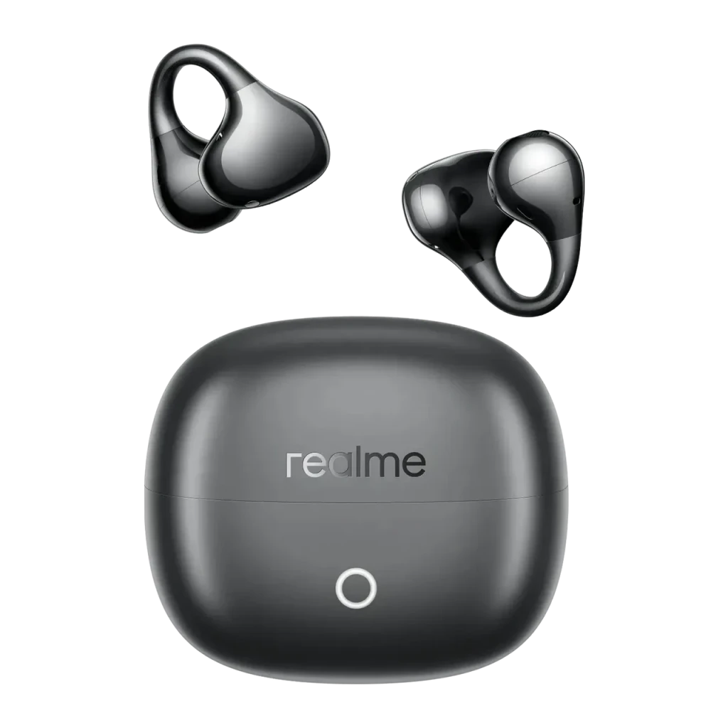 Auriculares Realme Buds Clip Open-Ear Bluetooth Inalámbrico, vista frontal: dos earbuds flotando sobre estuche de carga