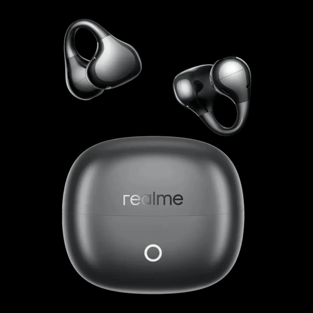 Auriculares Realme Buds Clip Open-Ear Bluetooth Inalámbrico, vista frontal: dos earbuds flotando sobre estuche de carga