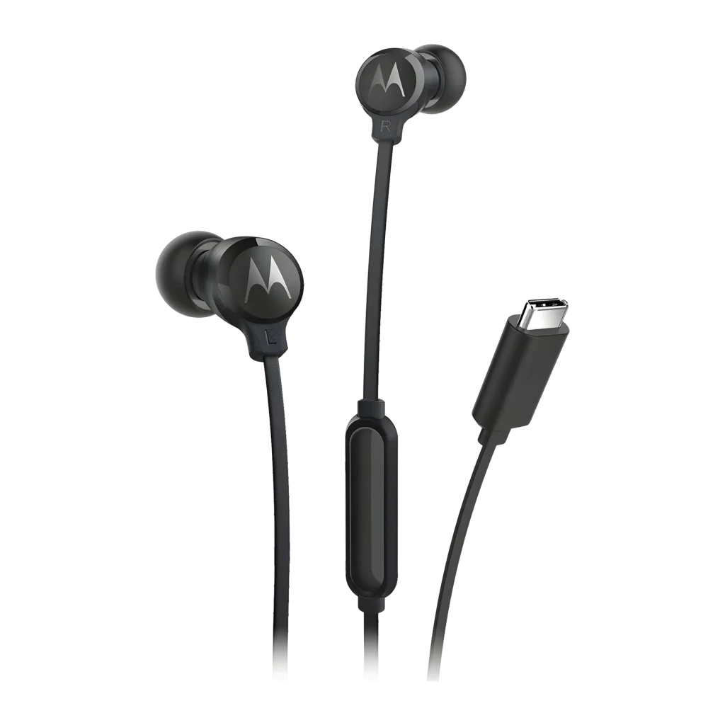 Auriculares Motorola Earbuds 3C-S In-Ear USB-C, vista frontal: auriculares negros con logo Motorola, mando en cable