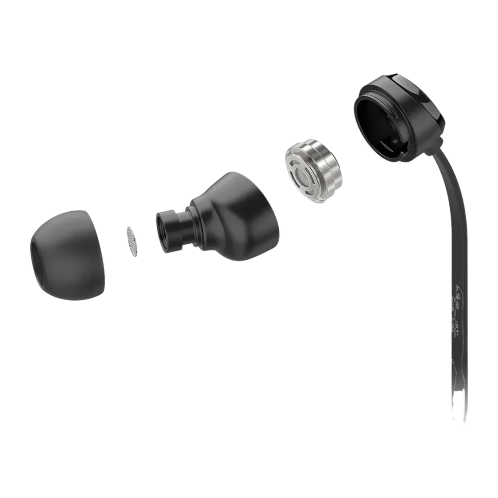 Auriculares Motorola Earbuds 3C-S In-Ear USB-C, vista explosionada: almohadilla, cuerpo, driver y carcasa separados