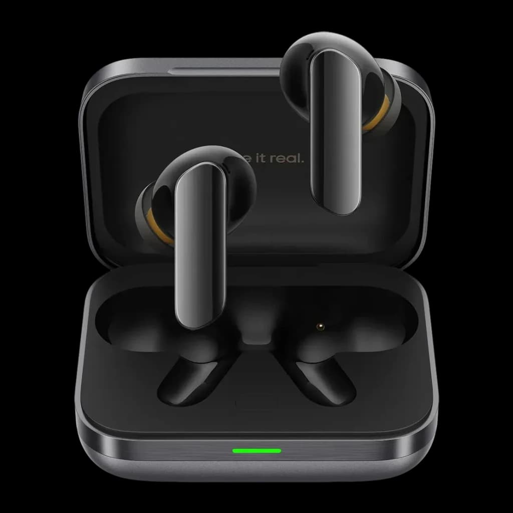 Auriculares realme Buds Air 7 Pro Cancelación de Ruido TWS Bluetooth 5.4, vista frontal: estuche negro abierto con earbuds