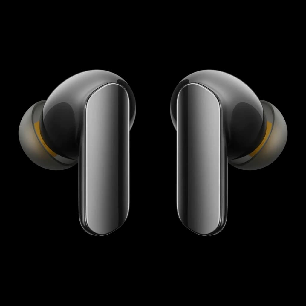 Auriculares realme Buds Air 7 Pro Cancelación de Ruido TWS Bluetooth 5.4, vista frontal: par de earbuds negros con tallos