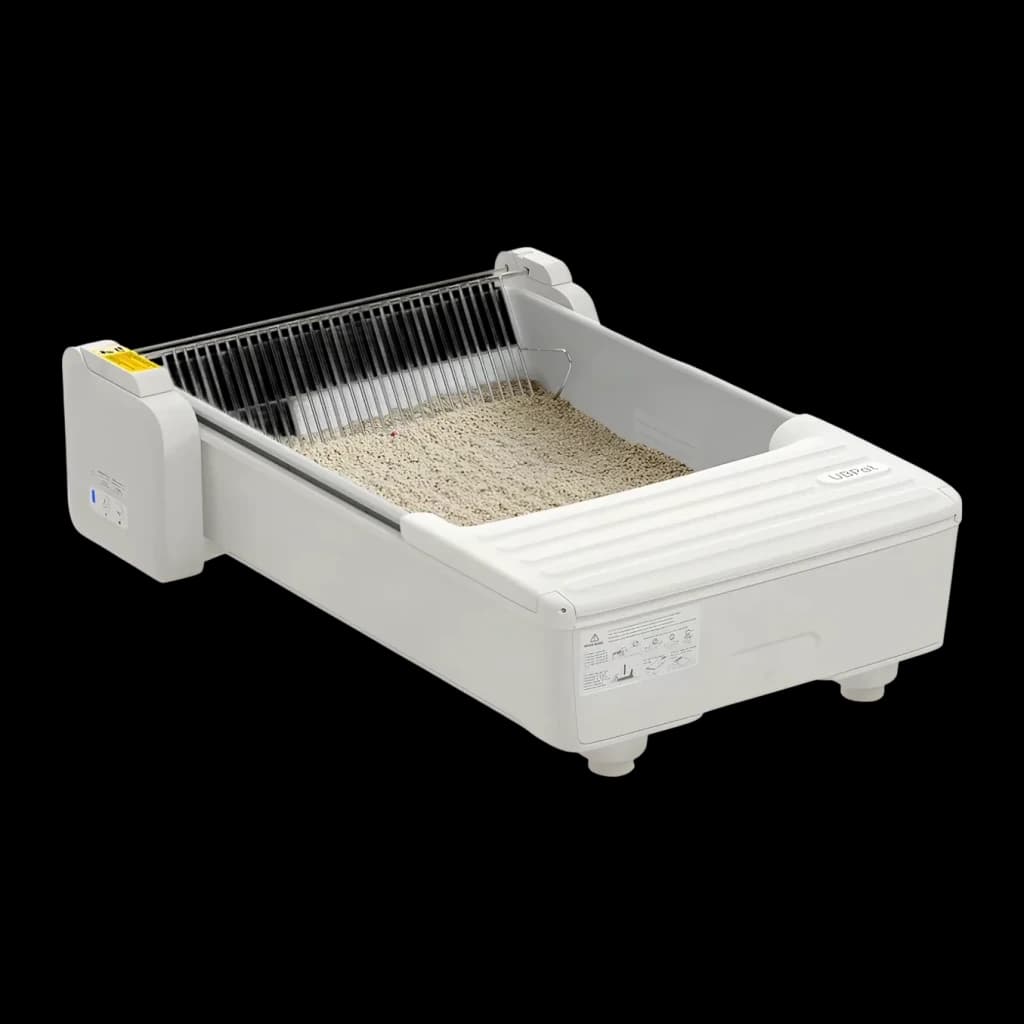 Liteira Autolimpante UBPet C31 5,4L Branco App Móvel 4 Sensores de Peso, vista frontal: bandeja aberta com areia, ancinho
