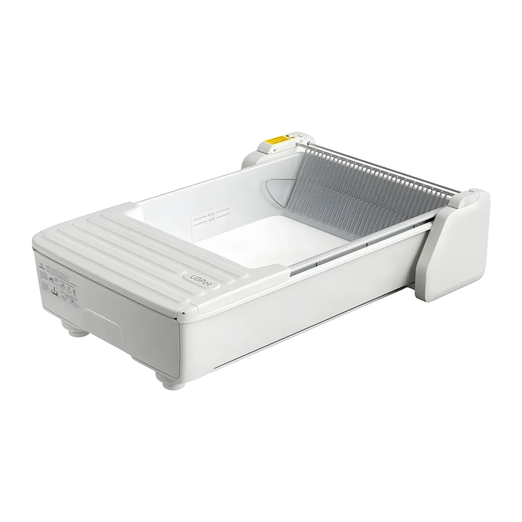 Liteira Autolimpante UBPet C31 5,4L Branco App Móvel 4 Sensores de Peso, detalhe: vista em ângulo com bandeja interior
