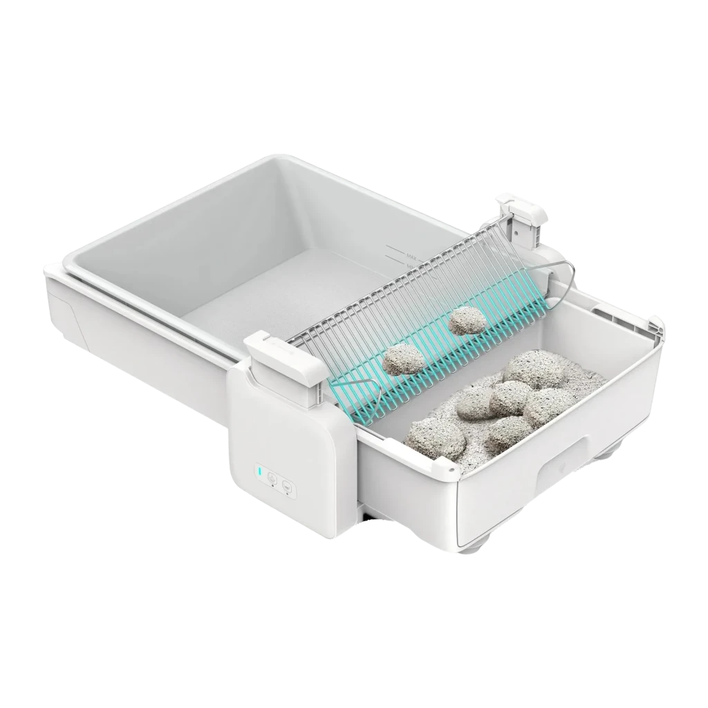 Liteira Autolimpante UBPet C31 5,4L Branco App Móvel 4 Sensores de Peso, detalhe: gaveta extraível aberta com grelha