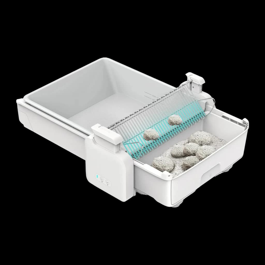 Liteira Autolimpante UBPet C31 5,4L Branco App Móvel 4 Sensores de Peso, detalhe: gaveta extraível aberta com grelha