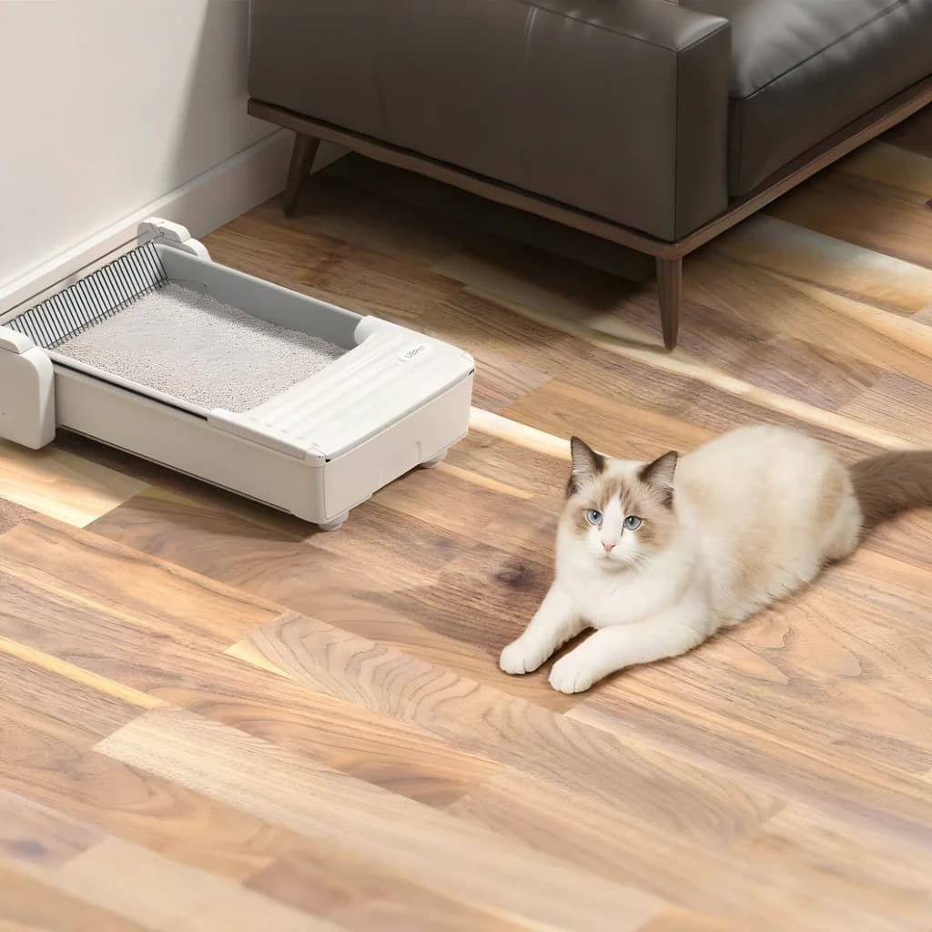 Liteira Autolimpante UBPet C31 5,4L Branco App Móvel 4 Sensores de Peso, em uso: gato ragdoll deitado junto à liteira aberta