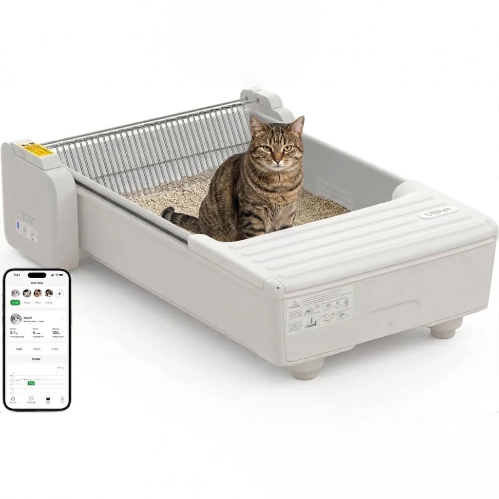 Liteira Autolimpante UBPet C31 5,4L Branco App Móvel 4 Sensores de Peso, em uso: gato dentro da liteira com areia, ancinho
