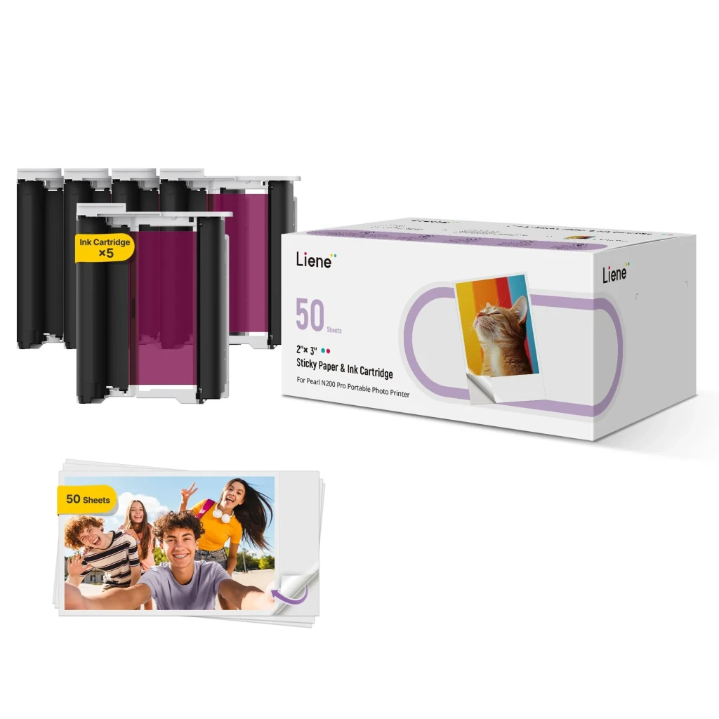 Kit Liene Papier Photo 2x3 pouces 50 Feuilles + 5 Cartouches, vue de face: boîte, 5 cartouches magenta et pile de 50