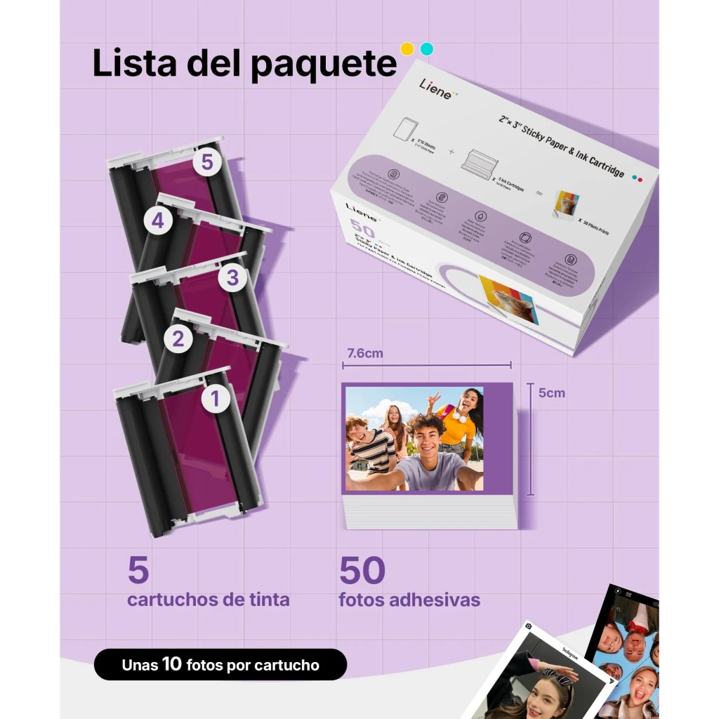Kit Liene Papier Photo 2x3 pouces 50 Feuilles + 5 Cartouches, contenu: 5 cartouches numérotées, pile de 50 feuilles