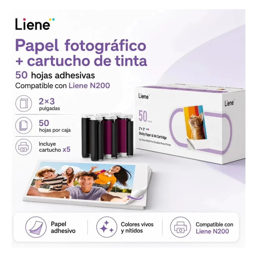 Kit Liene Papier Photo 2x3 pouces 50 Feuilles + 5 Cartouches, vue avant: boîte, 5 cartouches et feuilles adhésives imprimées