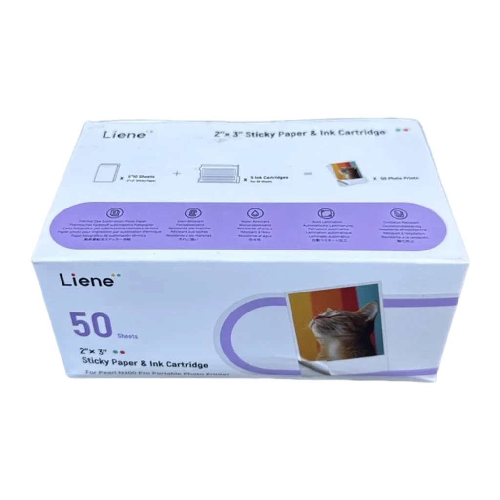 Kit Liene Papier Photo 2x3 pouces 50 Feuilles + 5 Cartouches, contenu de la boîte: boîte blanche avec bande lilas indiquant