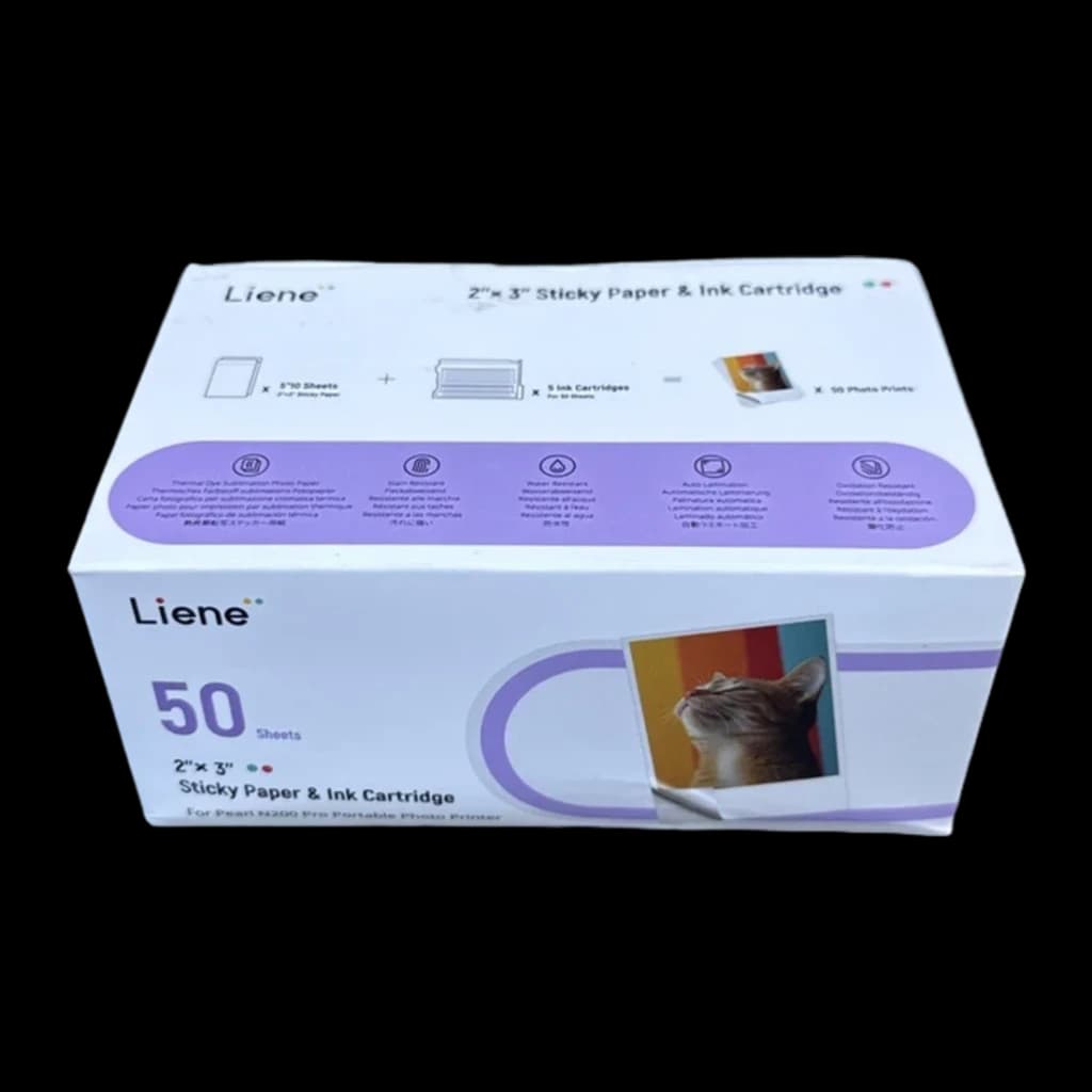 Kit Liene Papier Photo 2x3 pouces 50 Feuilles + 5 Cartouches, contenu de la boîte: boîte blanche avec bande lilas indiquant