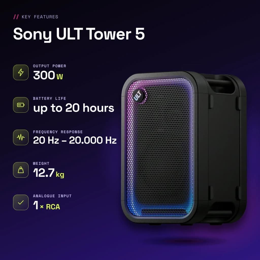 Enceinte de fête Sony ULT Tower 5 IP67 300W 20h Noir - caractéristiques