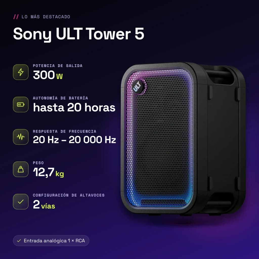 Enceinte de fête Sony ULT Tower 5 IP67 300W 20h Noir - caractéristiques