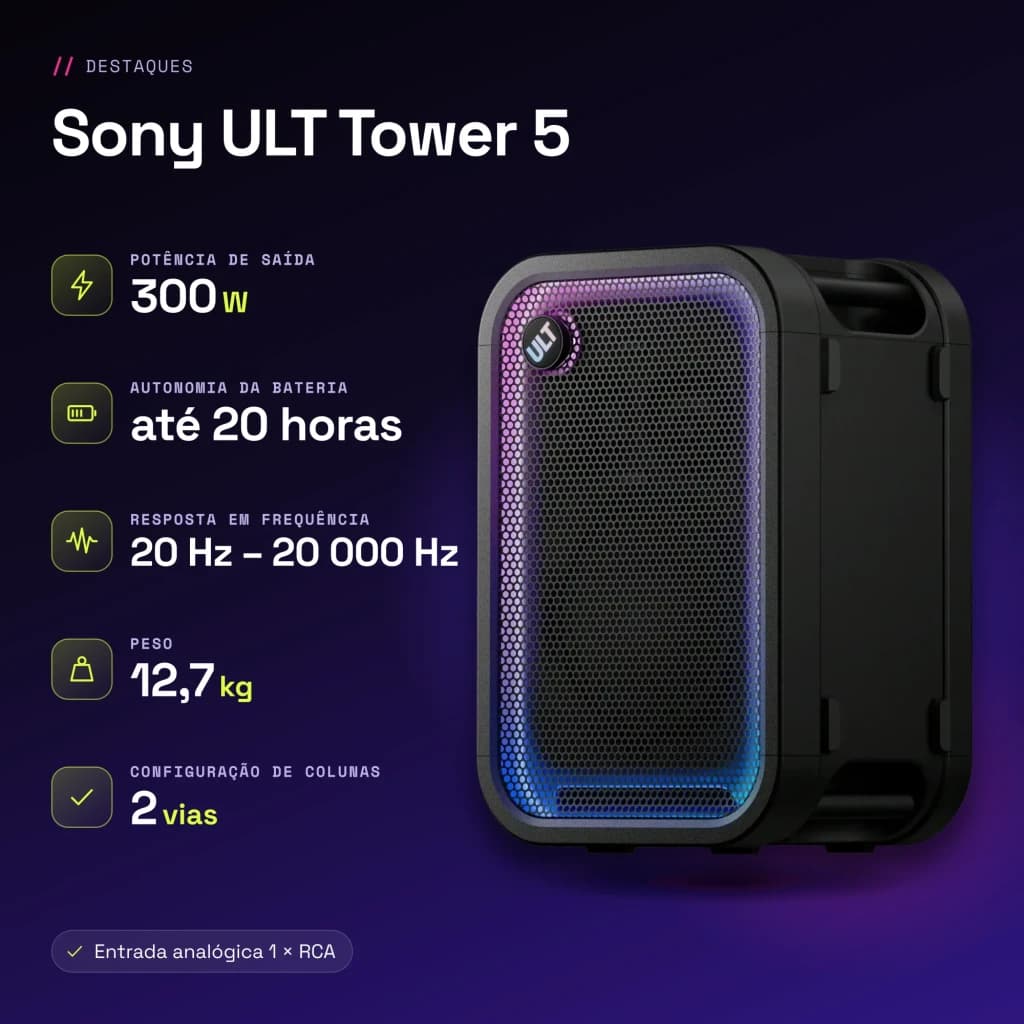 Enceinte de fête Sony ULT Tower 5 IP67 300W 20h Noir - caractéristiques