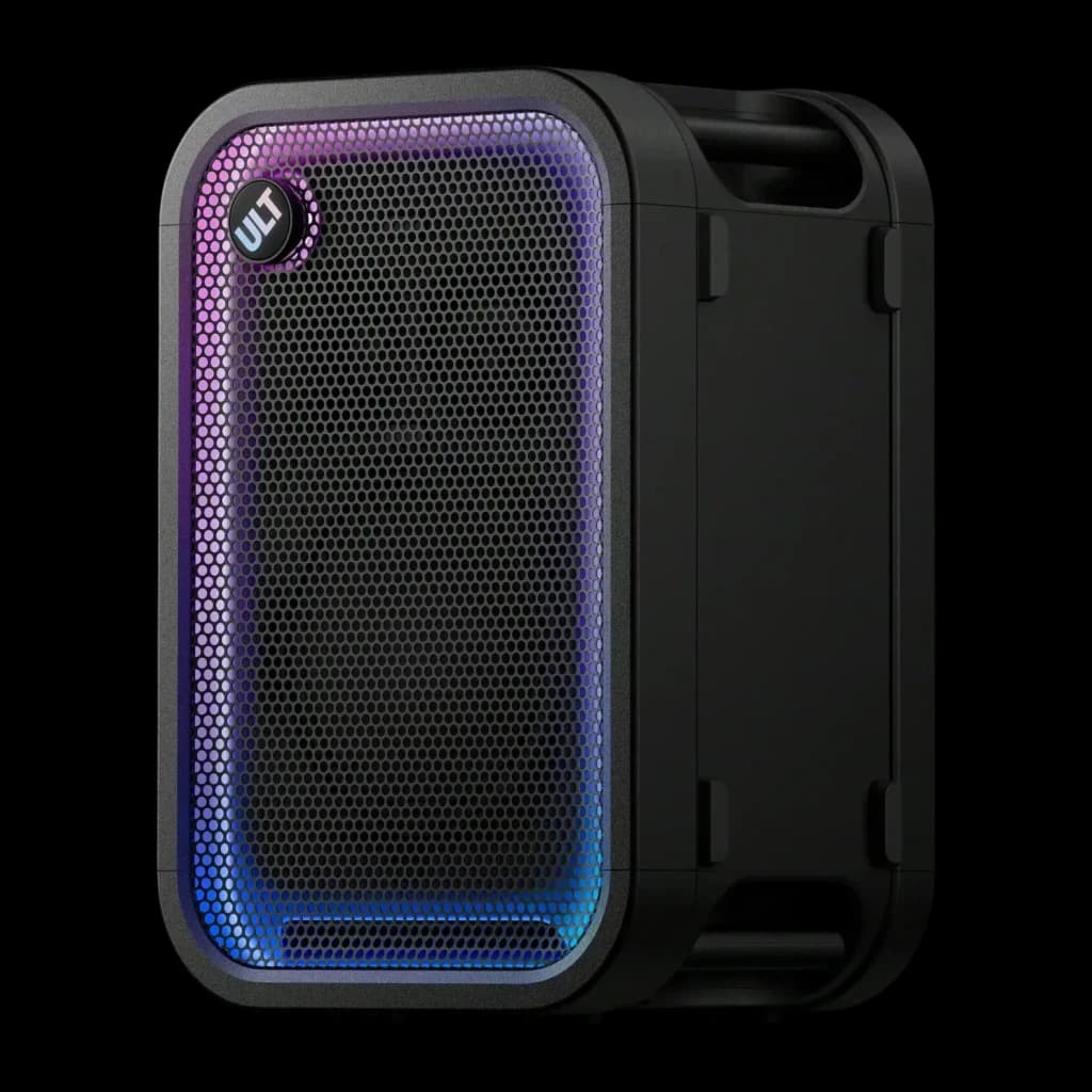 Enceinte de fête Sony ULT Tower 5 IP67 300W 20h Noir, vue de face: grille noire avec anneau LED dégradé rose-bleu et badge