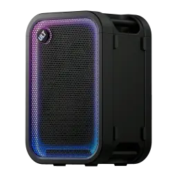 Enceinte de fête Sony ULT Tower 5 IP67 300W 20h Noir, vue de face: grille noire avec anneau LED dégradé rose-bleu et badge