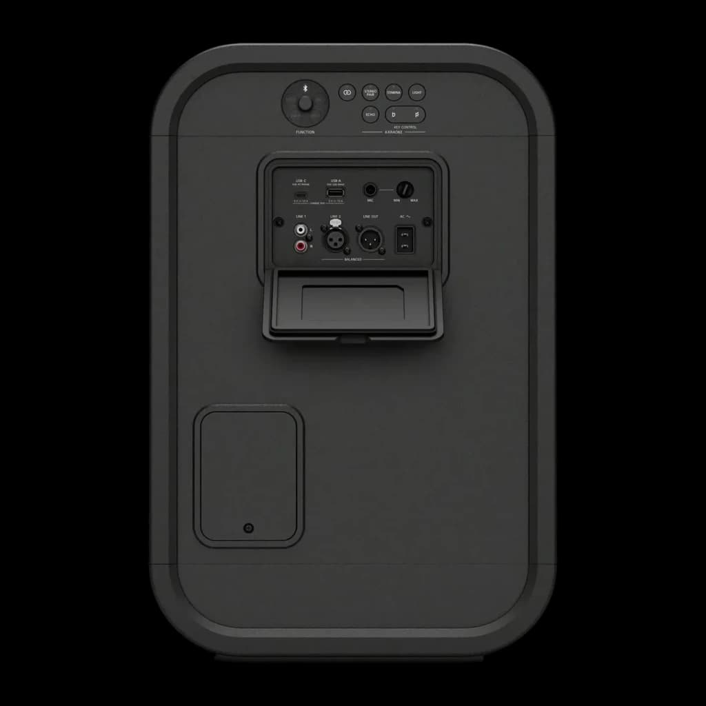 Enceinte de fête Sony ULT Tower 5 IP67 300W 20h Noir, vue arrière: panneau de connexions avec USB, XLR, Line Out et boutons