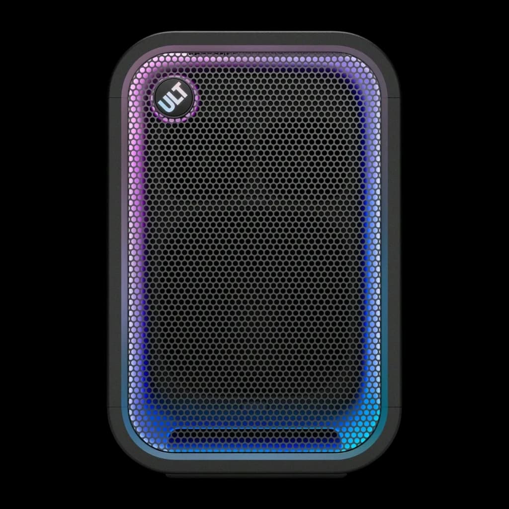Enceinte de fête Sony ULT Tower 5 IP67 300W 20h Noir, détail avant: grille perforée avec éclairage LED violet et bleu