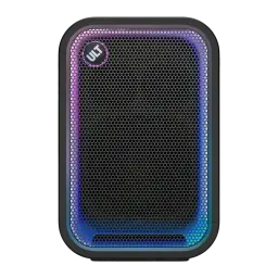Enceinte de fête Sony ULT Tower 5 IP67 300W 20h Noir, détail avant: grille perforée avec éclairage LED violet et bleu