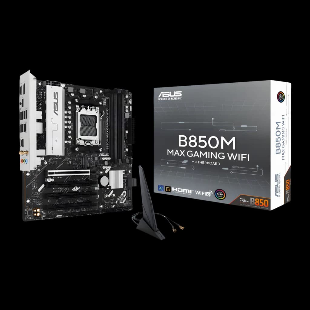 Carte mère ASUS Prime B850M-F DDR5 B850 AM5 ATX Noir, vue de face avec boîte: carte et emballage avec antenne WiFi
