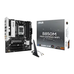 Carte mère ASUS Prime B850M-F DDR5 B850 AM5 ATX Noir, vue de face avec boîte: carte et emballage avec antenne WiFi