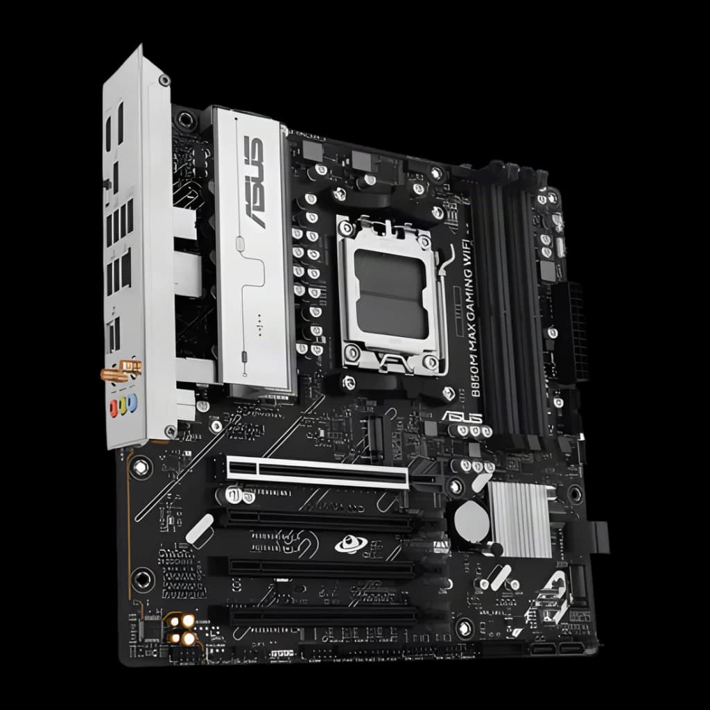 Carte mère ASUS Prime B850M-F DDR5 B850 AM5 ATX Noir, vue en angle: socket AM5, dissipateur VRM blanc et slots PCIe visibles