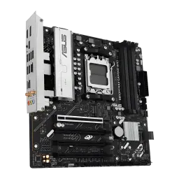Carte mère ASUS Prime B850M-F DDR5 B850 AM5 ATX Noir, vue en angle: socket AM5, dissipateur VRM blanc et slots PCIe visibles