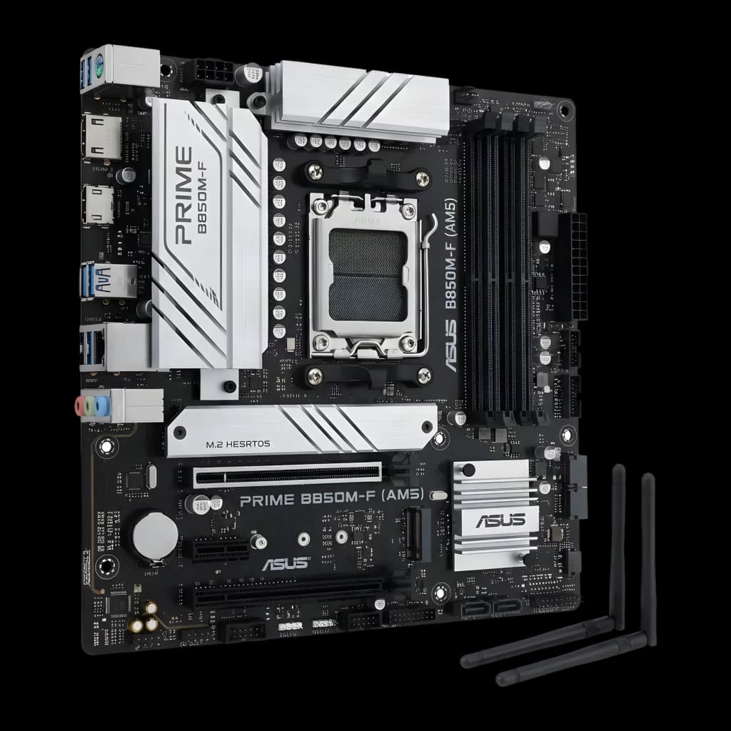 Carte mère ASUS Prime B850M-F DDR5 B850 AM5 ATX Noir, vue en angle: socket AM5, dissipateurs blancs, slots DDR5 et antennes