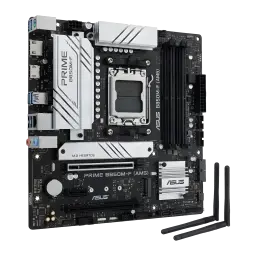 Carte mère ASUS Prime B850M-F DDR5 B850 AM5 ATX Noir, vue en angle: socket AM5, dissipateurs blancs, slots DDR5 et antennes
