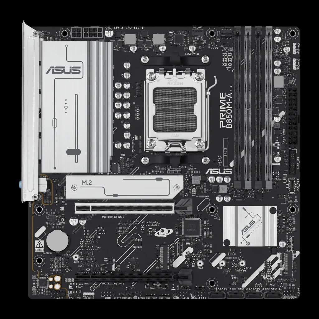 Carte mère ASUS Prime B850M-F DDR5 B850 AM5 ATX Noir, vue de face: socket AM5, dissipateur VRM, slot M.2 et PCIe visibles