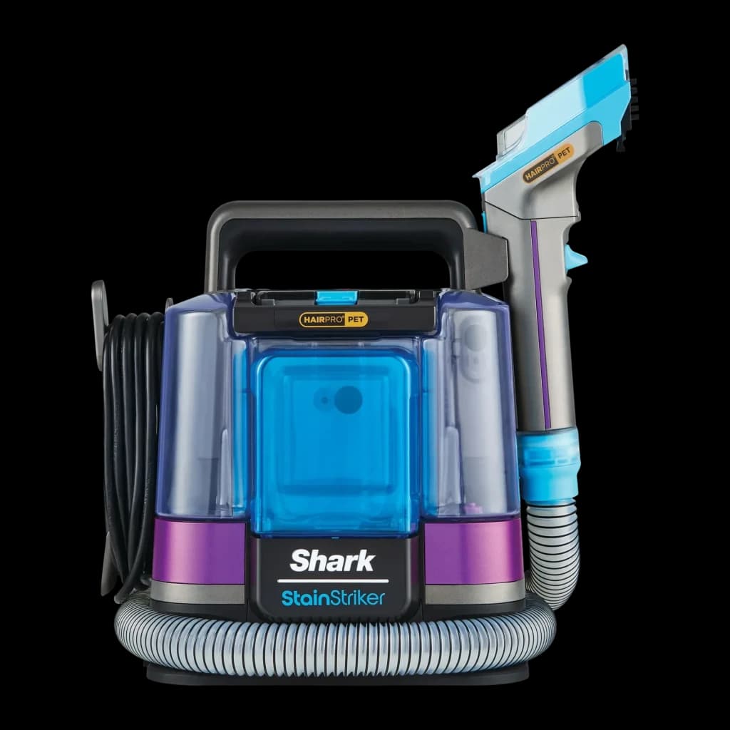 Aspirador de mano Shark StainStriker HairPro 450W 4,5m cable PX250EUT, vista frontal: depósito azul transparente, manguera