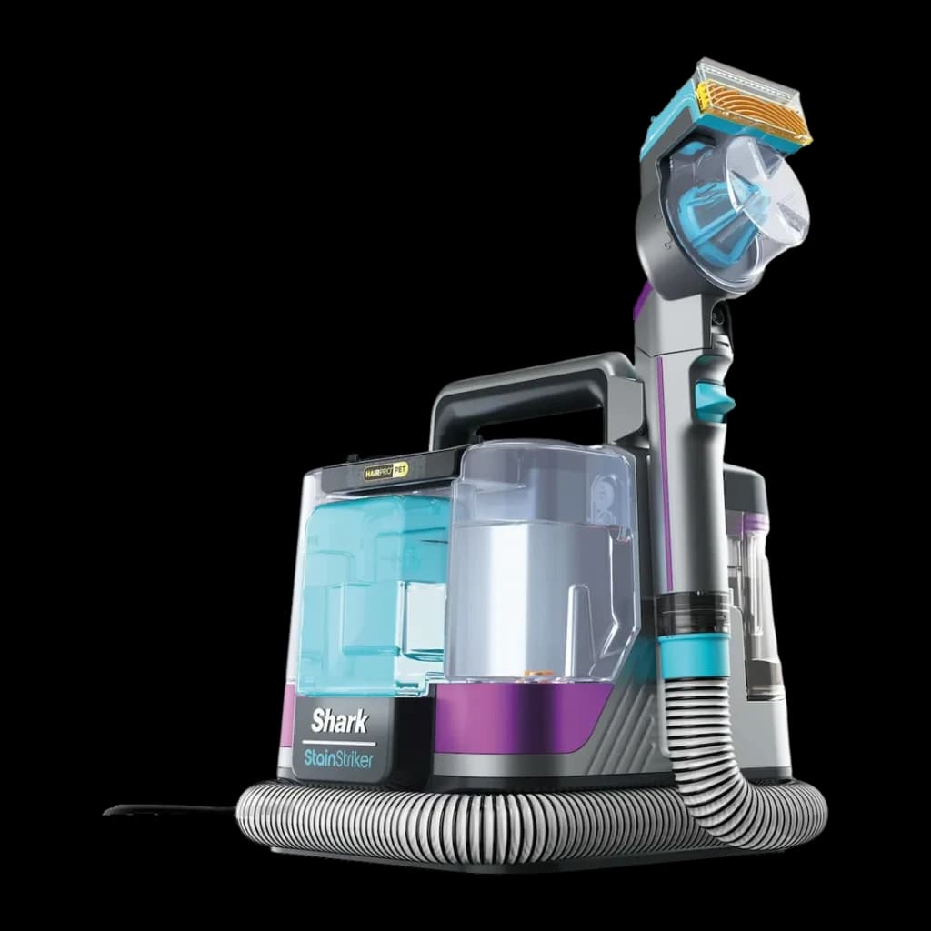 Aspirador de mano Shark StainStriker HairPro 450W 4,5m cable PX250EUT, vista lateral: base gris-morada, depósitos azul