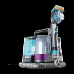 Aspirador de mano Shark StainStriker HairPro 450W 4,5m cable PX250EUT, vista lateral: base gris-morada, depósitos azul