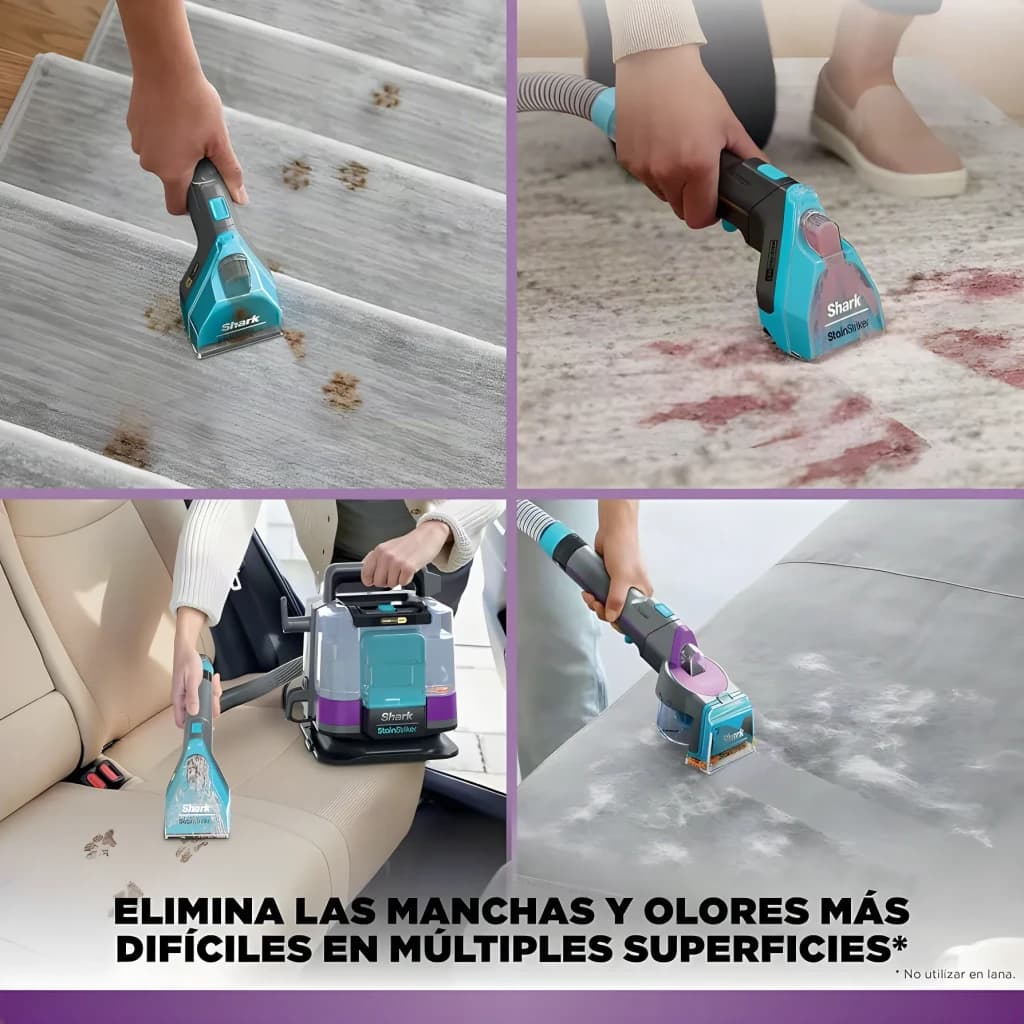 Aspirador de mano Shark StainStriker HairPro 450W 4,5m cable PX250EUT, uso: 4 escenas limpiando escaleras, alfombra