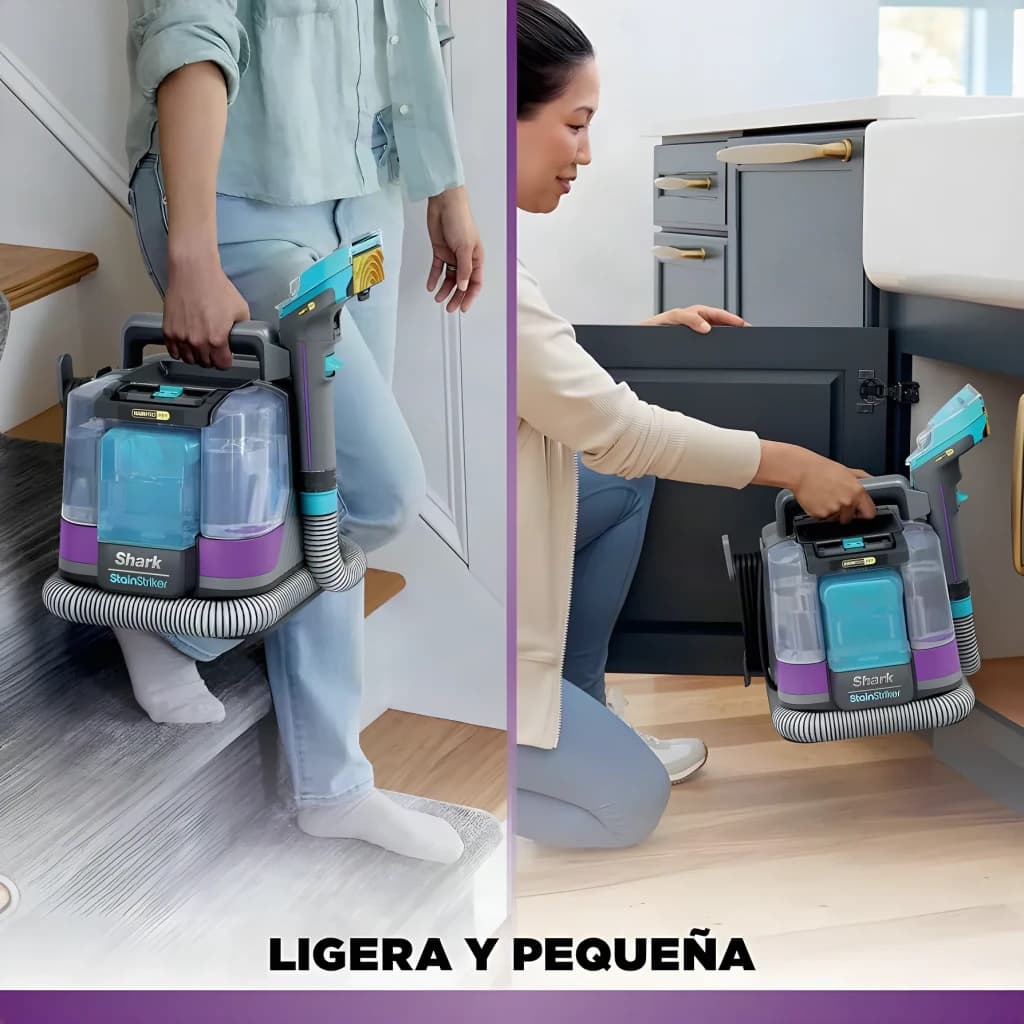 Aspirador de mano Shark StainStriker HairPro 450W 4,5m cable PX250EUT, uso: mujer limpia escaleras y otra bajo mueble