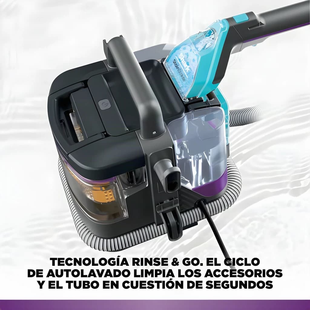 Aspirador de mano Shark StainStriker HairPro 450W 4,5m cable PX250EUT, detalle: base con depósitos y manguera flexible