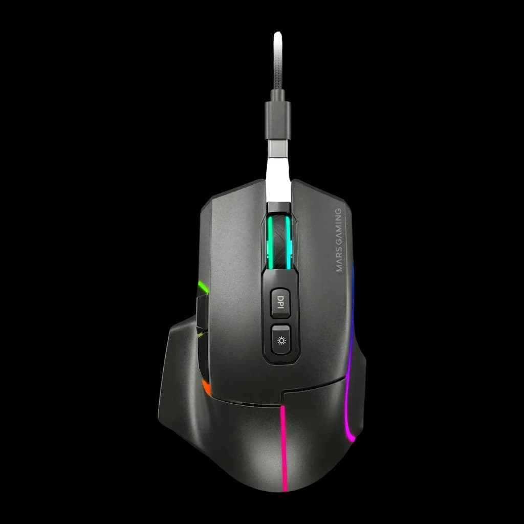 Souris Gaming Mars Gaming Sans Fil 12000 DPI Blanc MMW-VECTOR, vue dessus: éclairage RGB multicolore, bouton DPI et logo