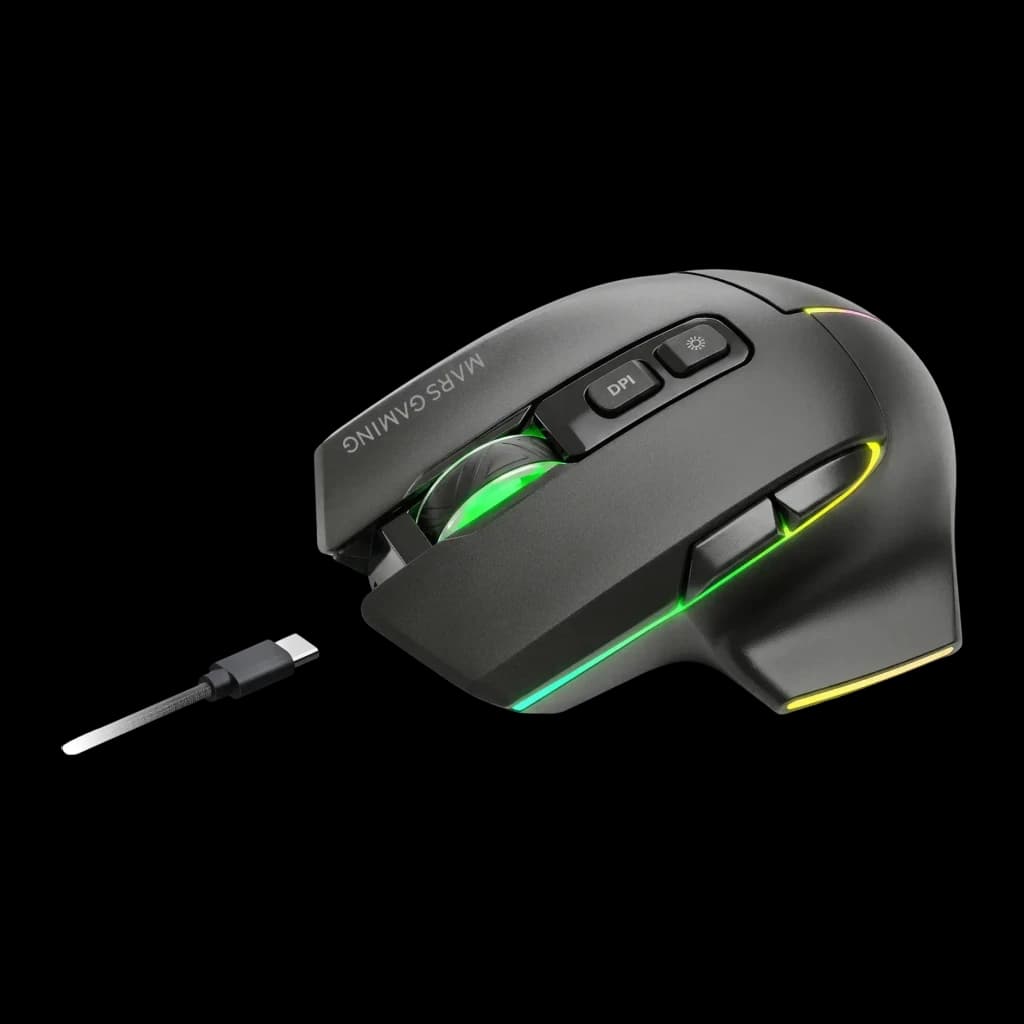 Souris Gaming Mars Gaming Sans Fil 12000 DPI Blanc MMW-VECTOR, vue latérale: éclairage RGB, molette verte, bouton DPI