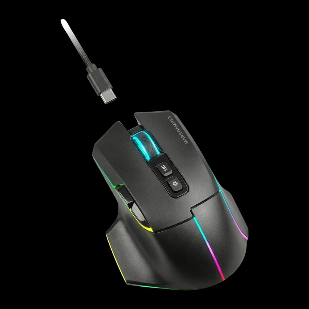 Souris Gaming Mars Gaming Sans Fil 12000 DPI Blanc MMW-VECTOR, vue latérale: éclairage RGB multicolore, molette bleue